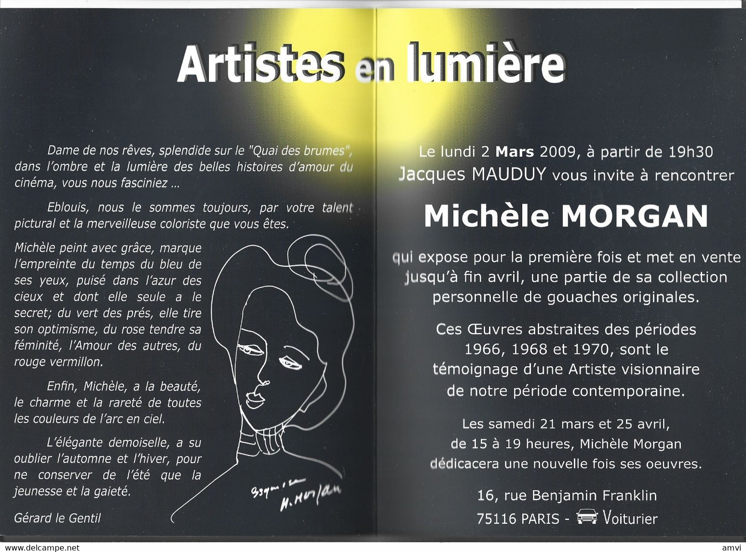 22-4 - 701 Michele Morgan 2 Mars 2009 Artiste En Lumiere Galerie Paris - Programme