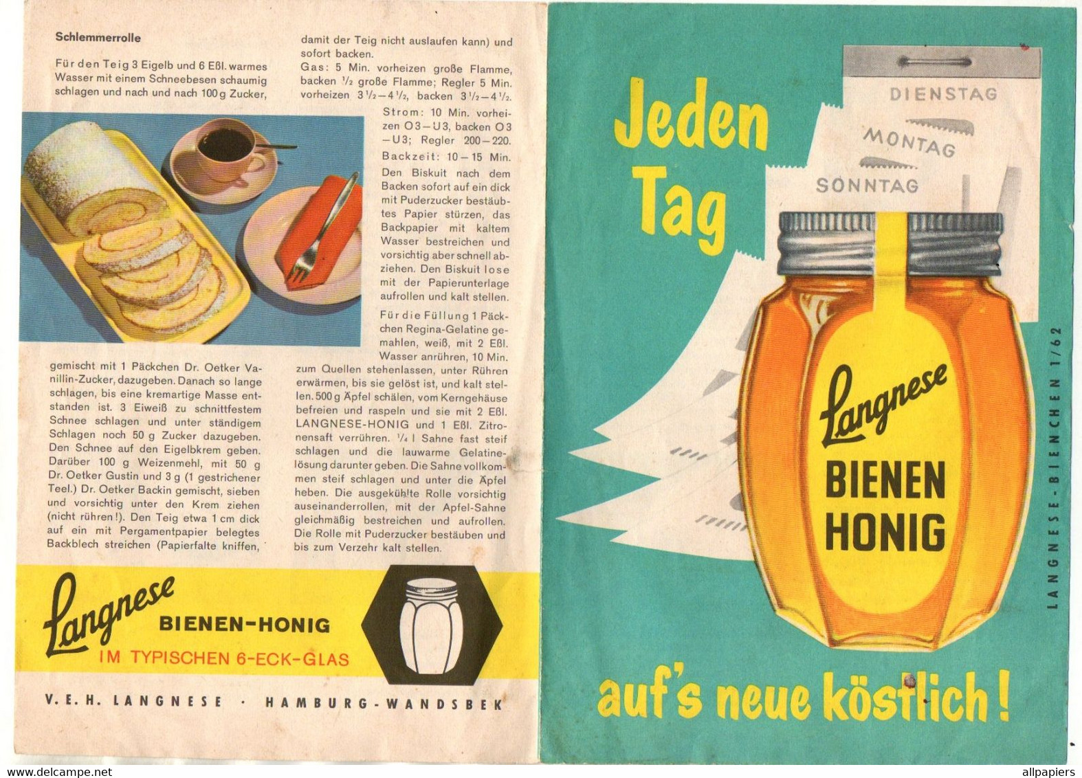 Jeden Tag Langnese Bienen Honig Auf's Neue Kostlich ! 1962 - Alimentare