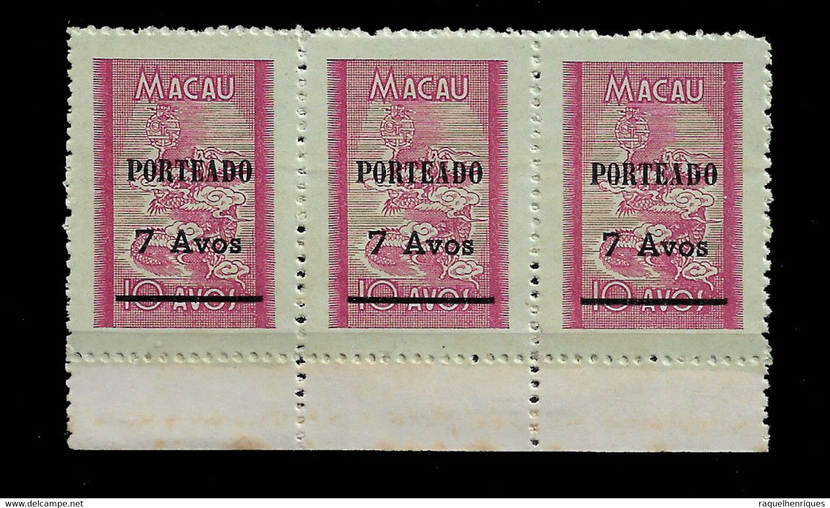 MACAU STAMP - 1951 Dragon Overprinted "PORTEADO" STRIP OF 3 MNH (SB3#318) - Postage Due