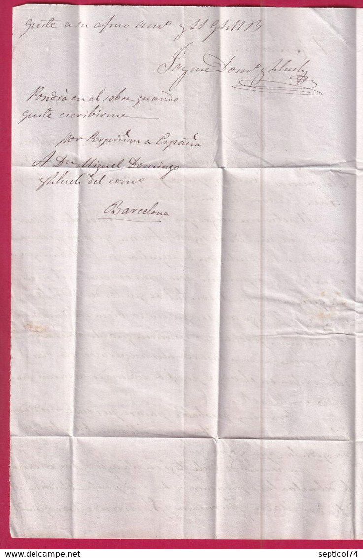 CACHET OUTREMER PORT VENDRES PYRENEES ORIENTALES DEPART BARCELONE ESPAGNE POUR OLORON DECIME RURAL LETTRE COVER - 1801-1848: Precursors XIX