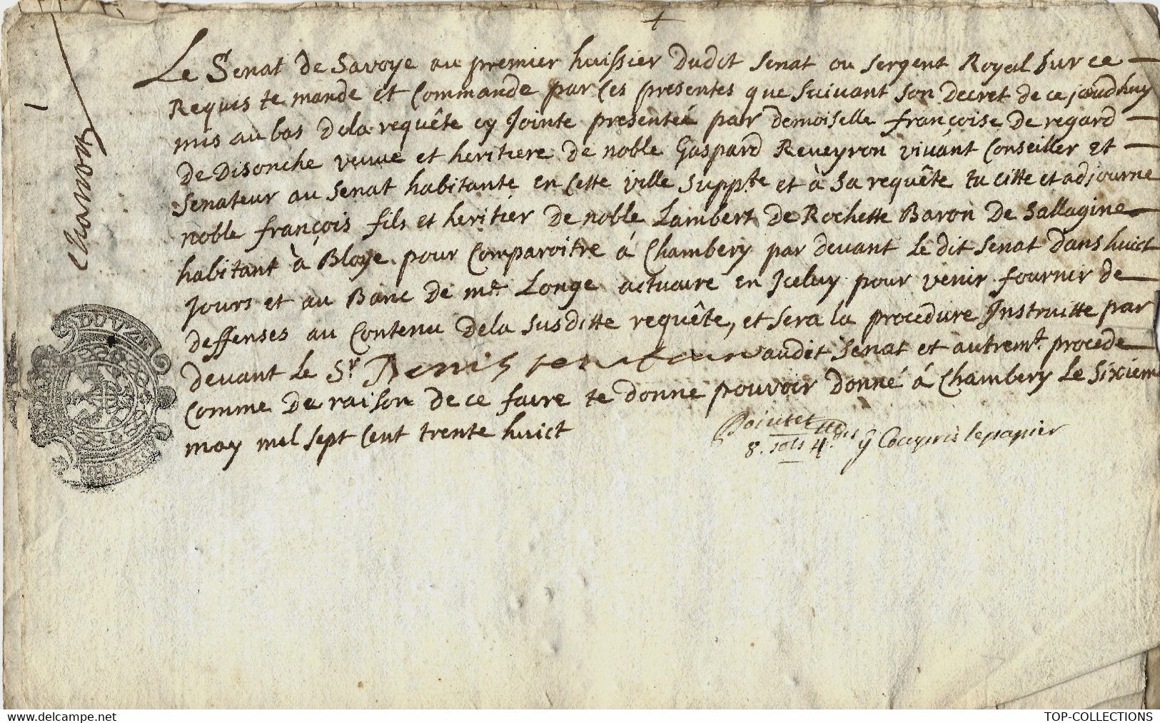 1738 NOBLESSE   SAVOIE SENAT COMMUNE   BLOYE LAMBERT DE ROCHETTE BARON DE SALLAGINE  CONTRE FRANCOISE DE REGARD - Historische Documenten