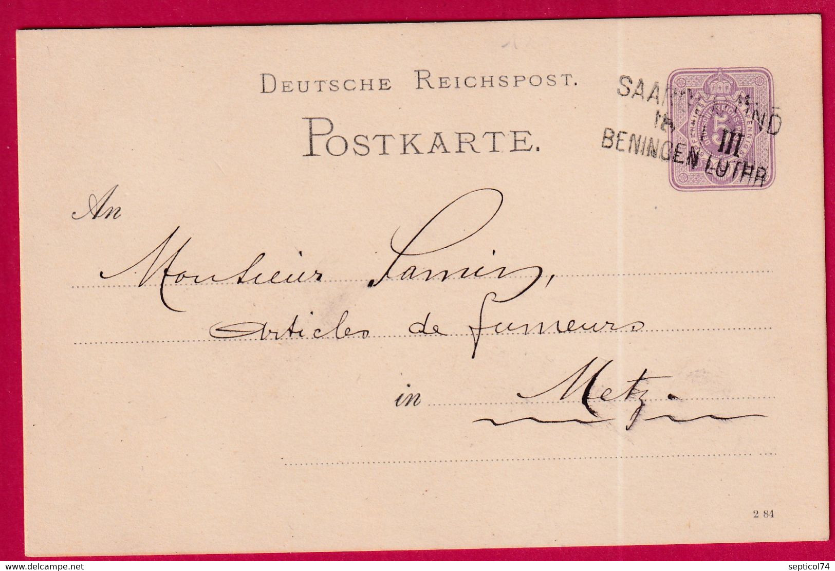 ALSACE LORRAINE AMBULANT SARREGUEMINES BENING LES SAINT AVOLD MOSELLE 1884 INDICE 16 LETTRE COVER FRANCE - Covers & Documents