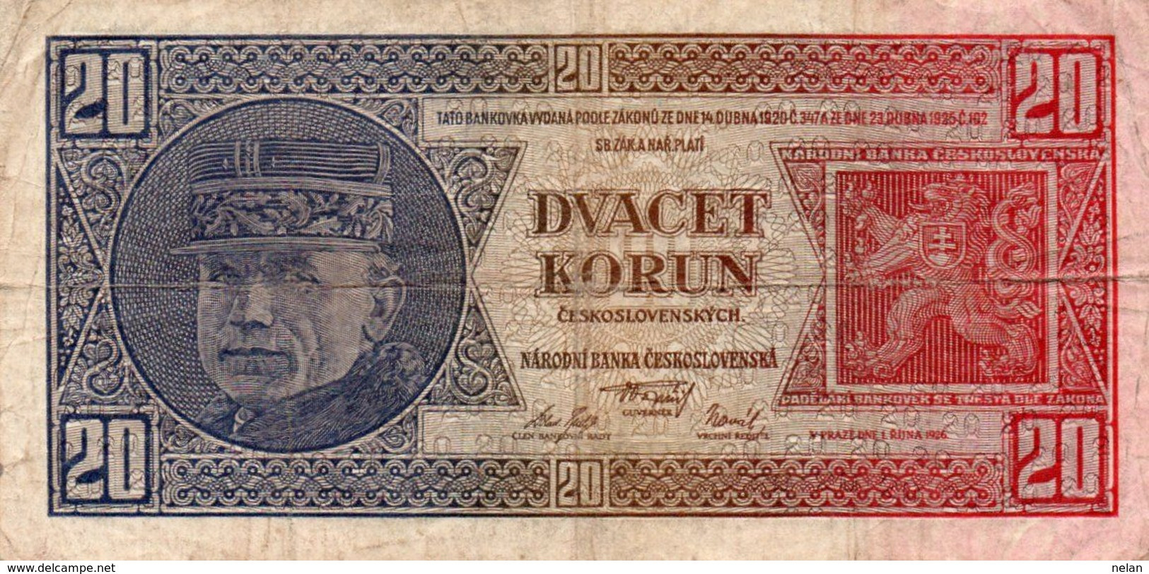 CECOSLOVACCHIA-20 KORUN  1926  P-21a  CIRC.  SERIE  Ue  736370 - Czechoslovakia