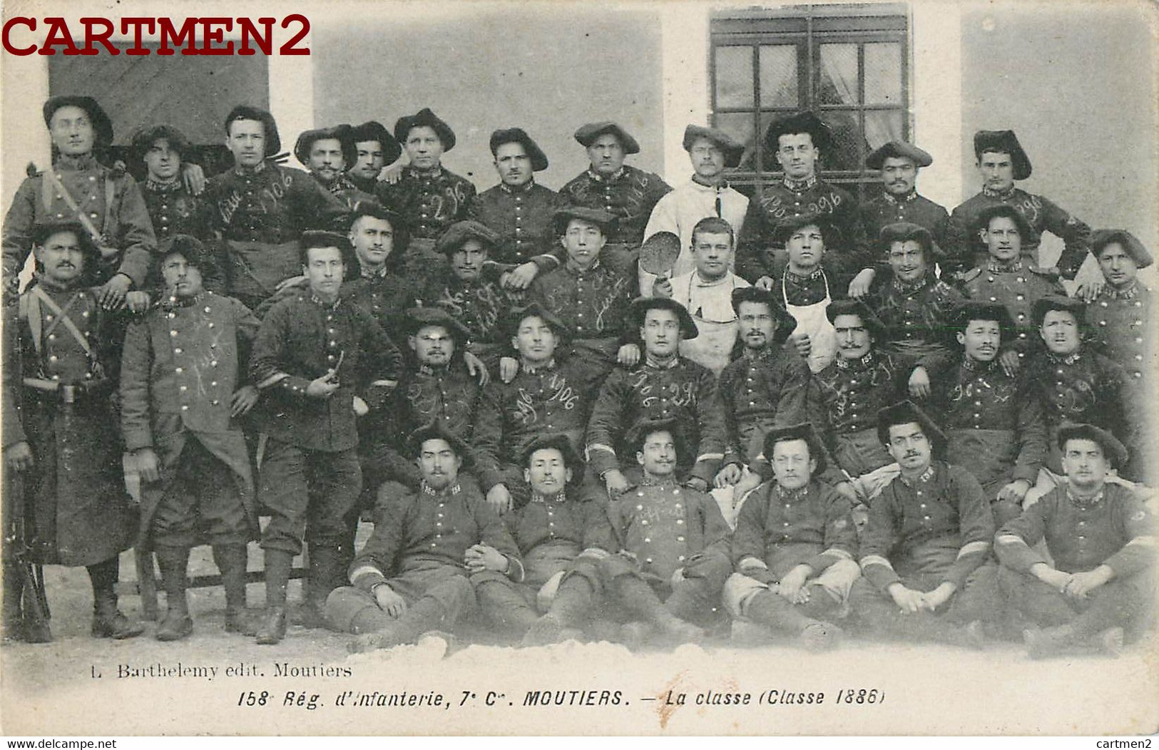 RARE CPA : MOUTIERS LE 158e REGIMENT D'INFANTERIE 7e COMPAGNIE  LA CLASSE 1886 SAVOIE CHASSEURS ALPINS ALPES GUERRE - Moutiers