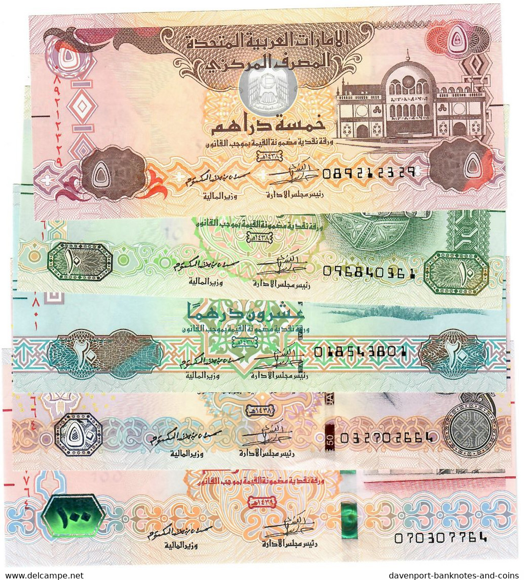 SET United Arab Emirates 5, 10, 20, 50 & 100 Dirhams 2016-2018 UNC - United Arab Emirates