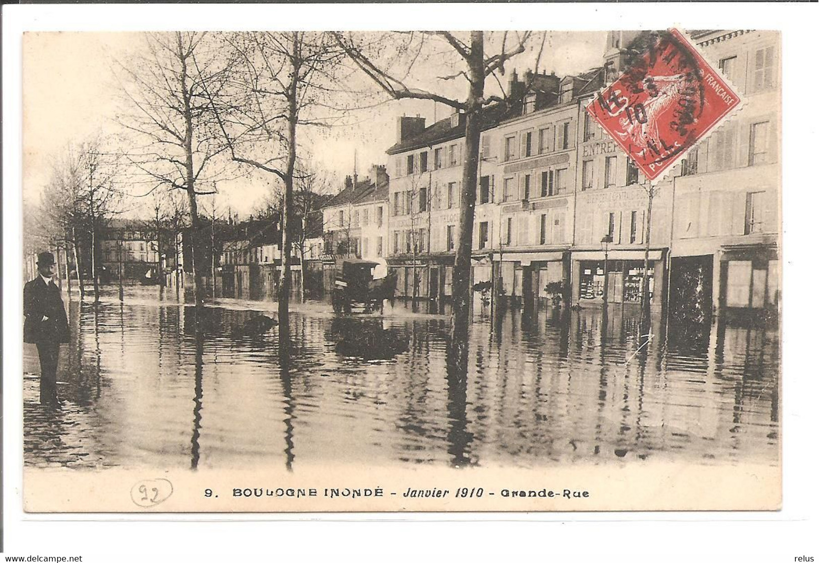 DEP. 92 BOULOGNE INONDE N°9 JANVIER 1910 GRANDE-RUE Hôtel De Bellevue, Epicerie Centrale, Diligence, Animée - Boulogne Billancourt