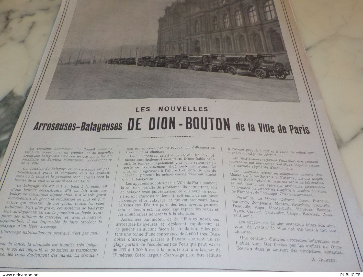 ANCIENNE PUBLICITE BALAYEUSE DE PARIS DE DION BOUTON  1920 - Camions
