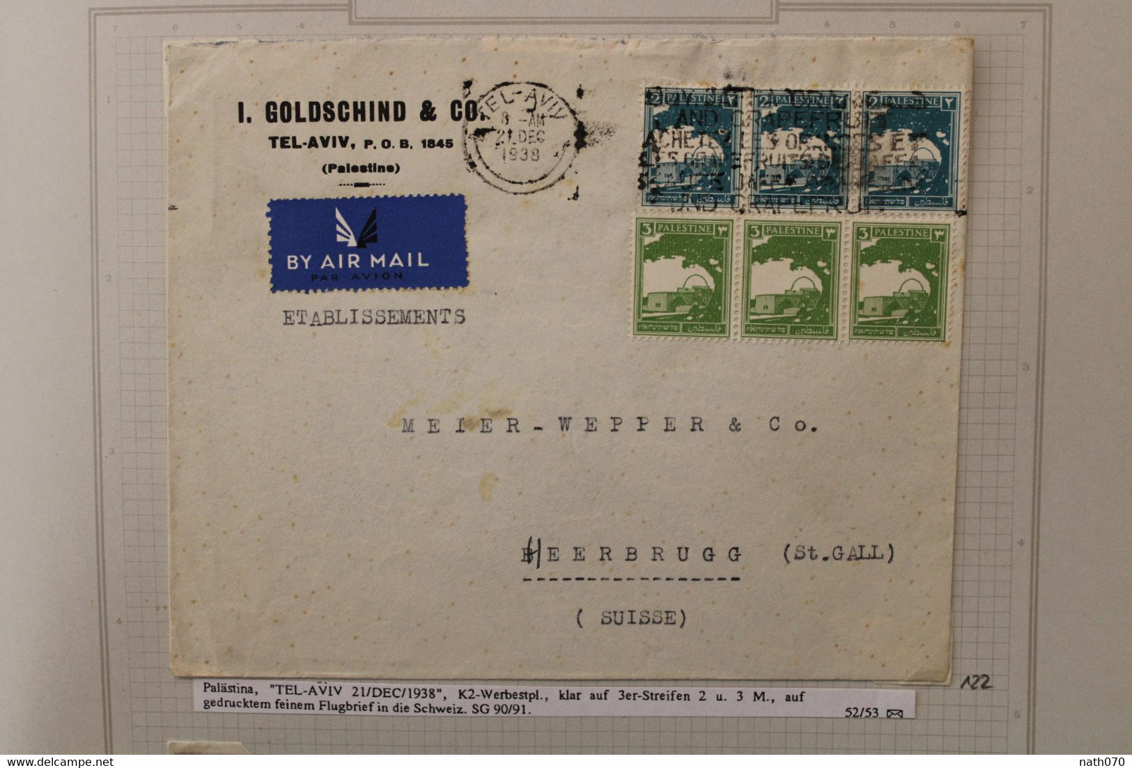 1938 Tel Aviv Heerbrugg Suisse Jerusalem LEVANT Cover Palestine Palästina Israel Cad Flamme Werbestpl Bande Triple X 2 - Palestine