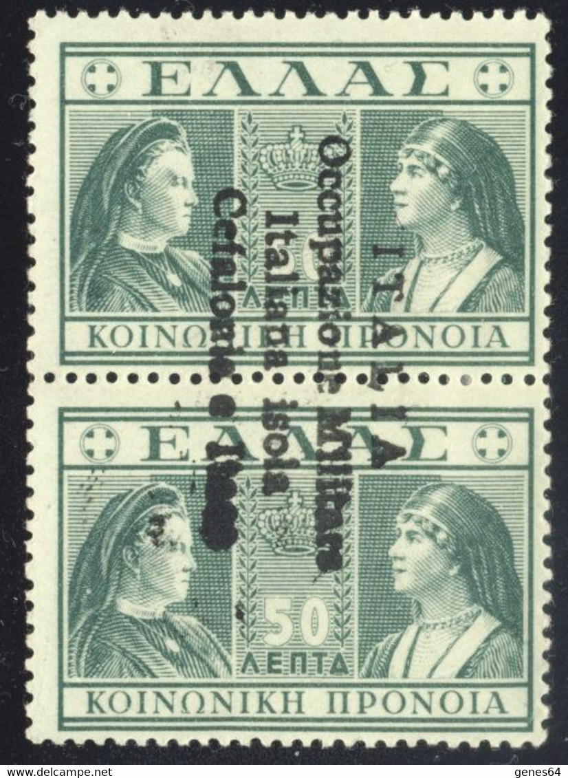 1941- Soprastampa A Mano Con Varietà Di Soprastampa Verticale Su Coppia Verticale MNH** (2 Immagini) Signed Raybaudi + - Cefalonia & Itaca