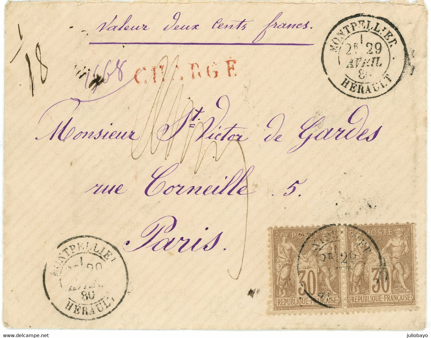 29 Avril 1880 Sage Paire N°69 Sur Lettre Chargée De Montpellier Vers Paris Rue Corneille - 1877-1920: Période Semi Moderne