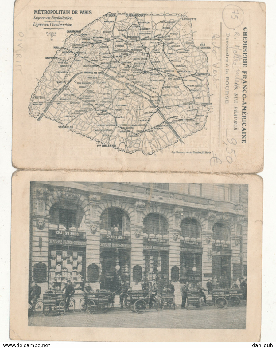 75 // PARIS   Chemiserie Frnco Americaine / 119 Rue Reaumur / Calendrier 1909 / Plan Metropolitain Lignes / Carte Double - Sonstige & Ohne Zuordnung