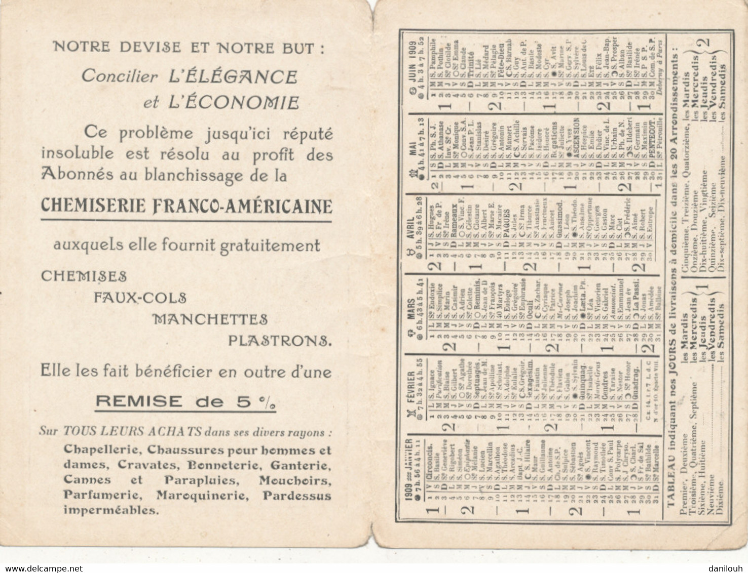 75 // PARIS   Chemiserie Frnco Americaine / 119 Rue Reaumur / Calendrier 1909 / Plan Metropolitain Lignes / Carte Double - Sonstige & Ohne Zuordnung