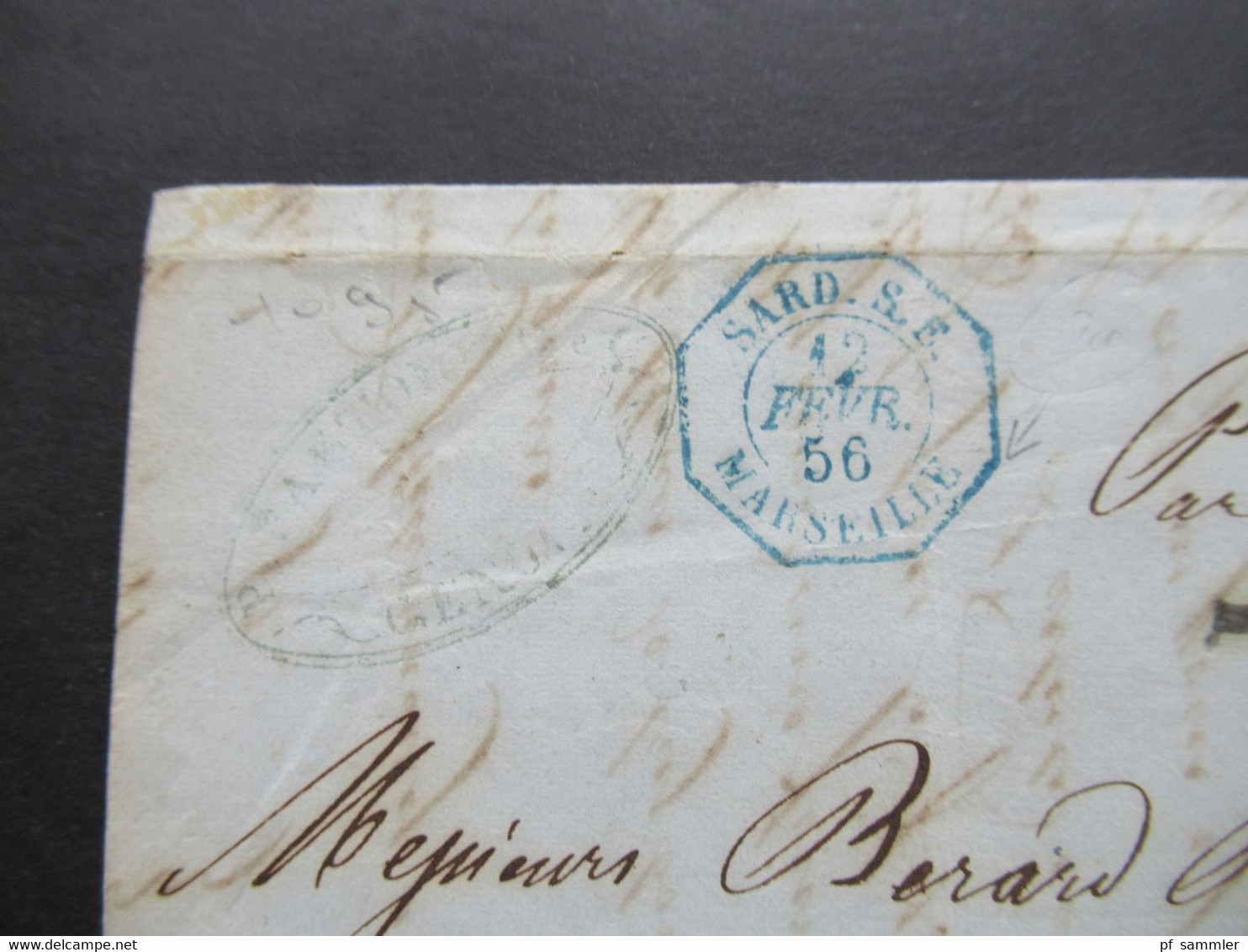 Italien 11.2.1856 Genova - Marseille Pour Oran (Algerien) Blauer 6eck Stempel Sard S.E. Marseille Schiffspost - Sardinien