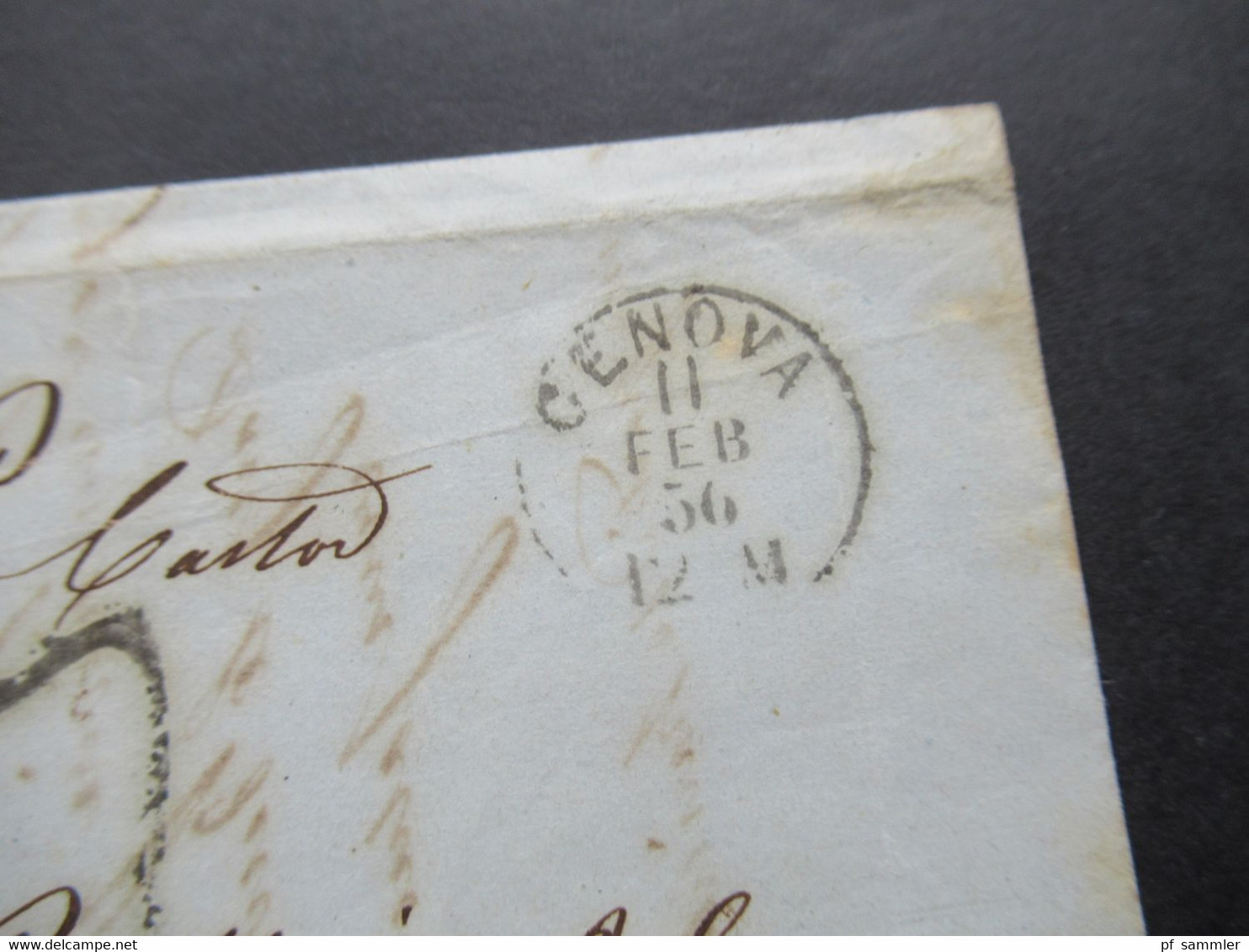 Italien 11.2.1856 Genova - Marseille Pour Oran (Algerien) Blauer 6eck Stempel Sard S.E. Marseille Schiffspost - Sardinia