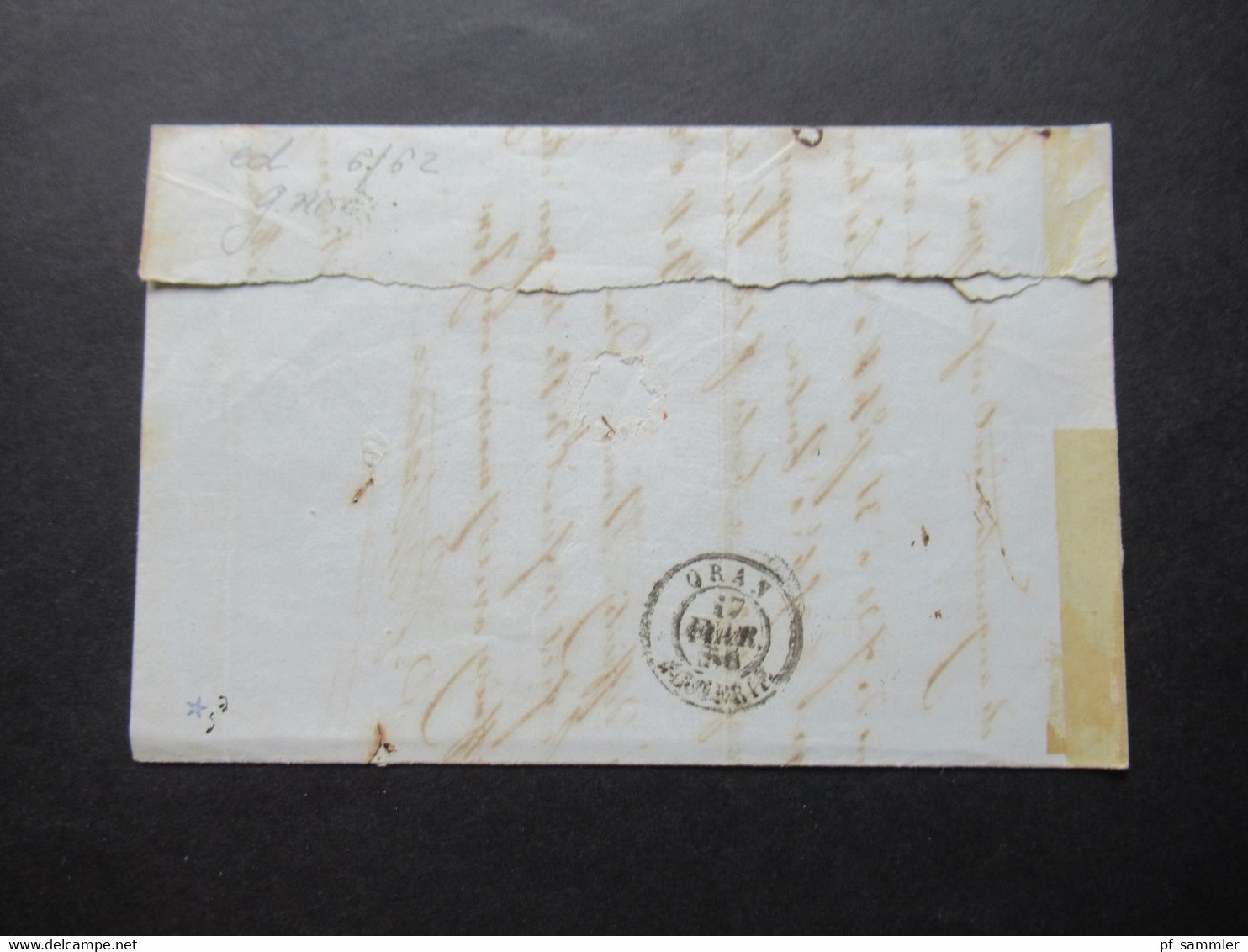 Italien 11.2.1856 Genova - Marseille Pour Oran (Algerien) Blauer 6eck Stempel Sard S.E. Marseille Schiffspost - Sardinien