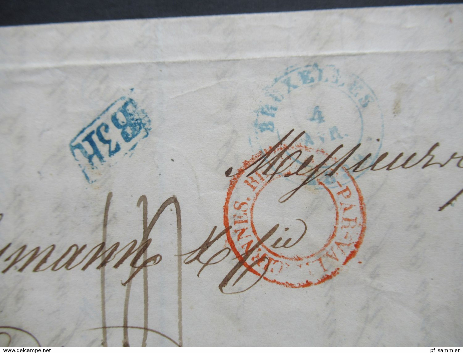 Belgien 1838 Blauer K2 Bruxelles Und Roter K2 Belgique Par Valenciennes Blauer Stempel Ra1 B3R Nach Bordeaux - 1830-1849 (Unabhängiges Belgien)