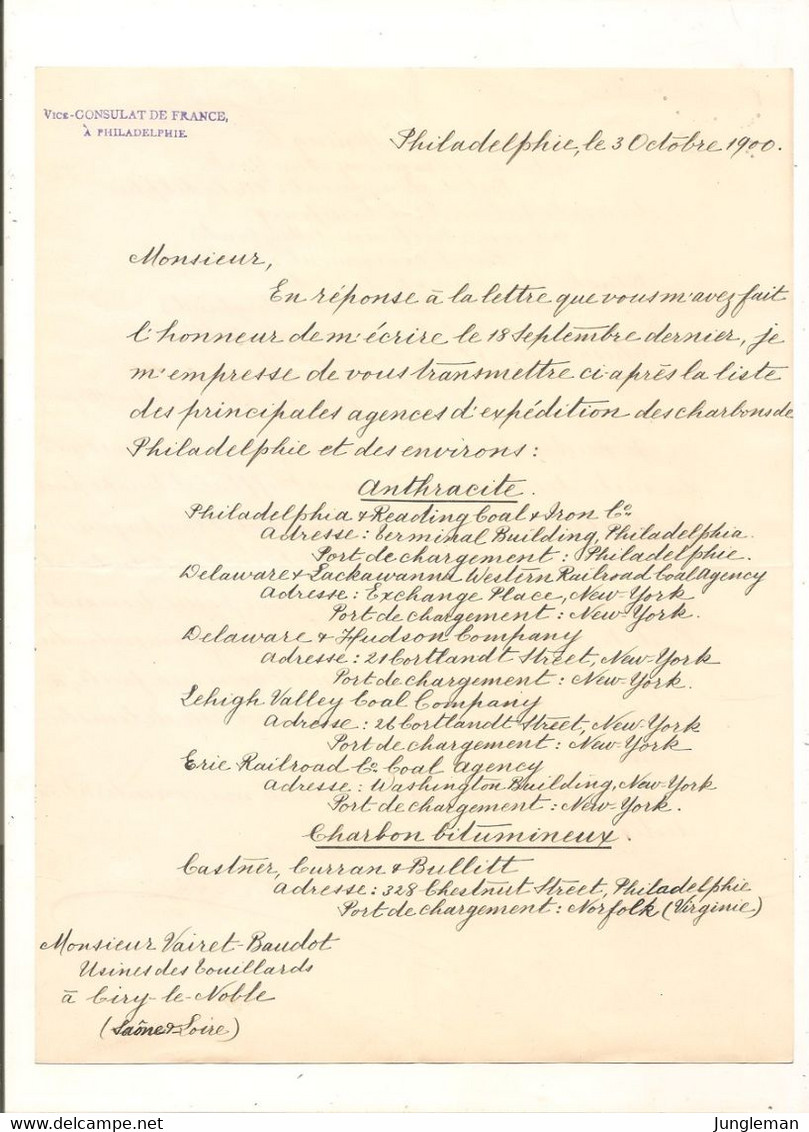 Vieux Papier - Vice-Consulat De France à Philadelphie - Agences D'Expédition Des Charbons - Guy Pesoli - Octobre 1900 - Verenigde Staten