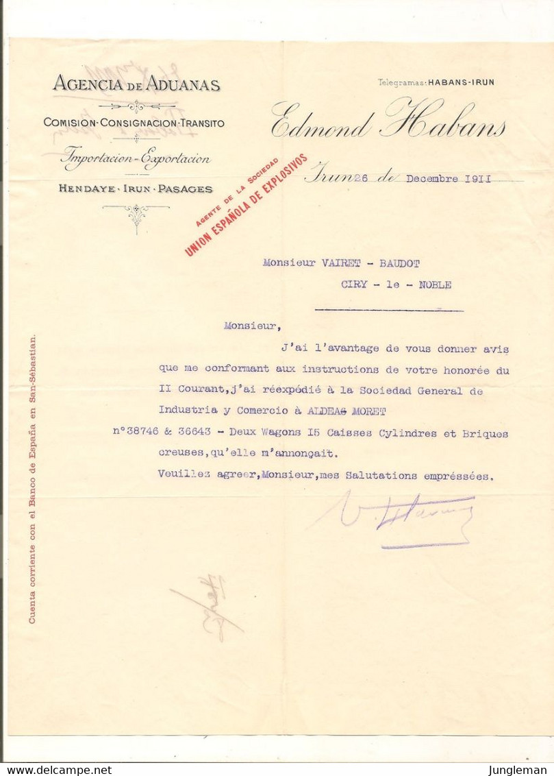 Vieux Papier - Irun - Espagne - Agencia De Aduanas - Importacion - Exportacion - Edmond Habans - Décembre 1911 - España