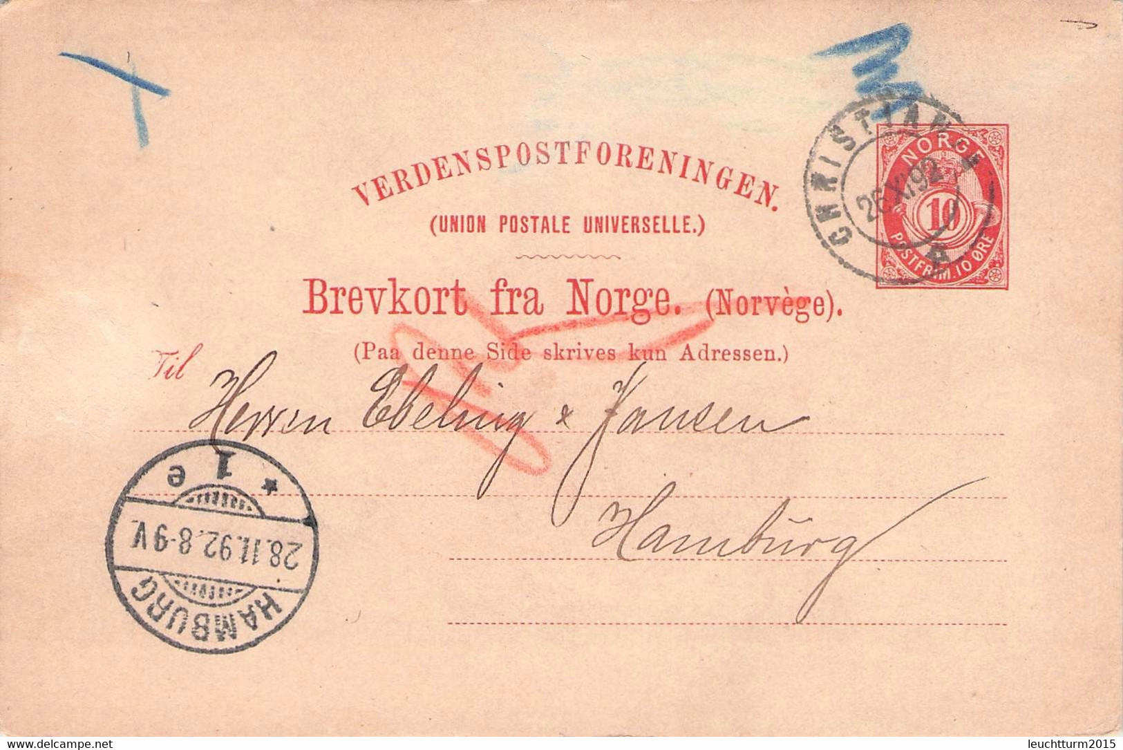 NORWAY - BREVKORT 10Ö 1892 CHRISTIANIA > HAMBURG/DE  / GR164 - Postwaardestukken