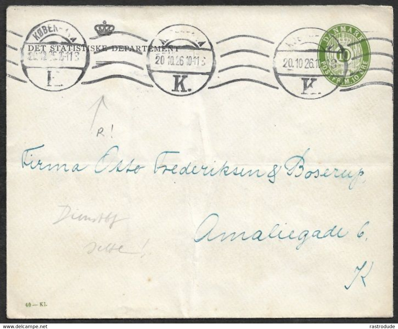 1926 DENMARK - OFFICIAL SERVICE DIENSTBRIEF POSTAL STATIONERY ENVELOPE 10 öre - USED - RARE - Postal Stationery