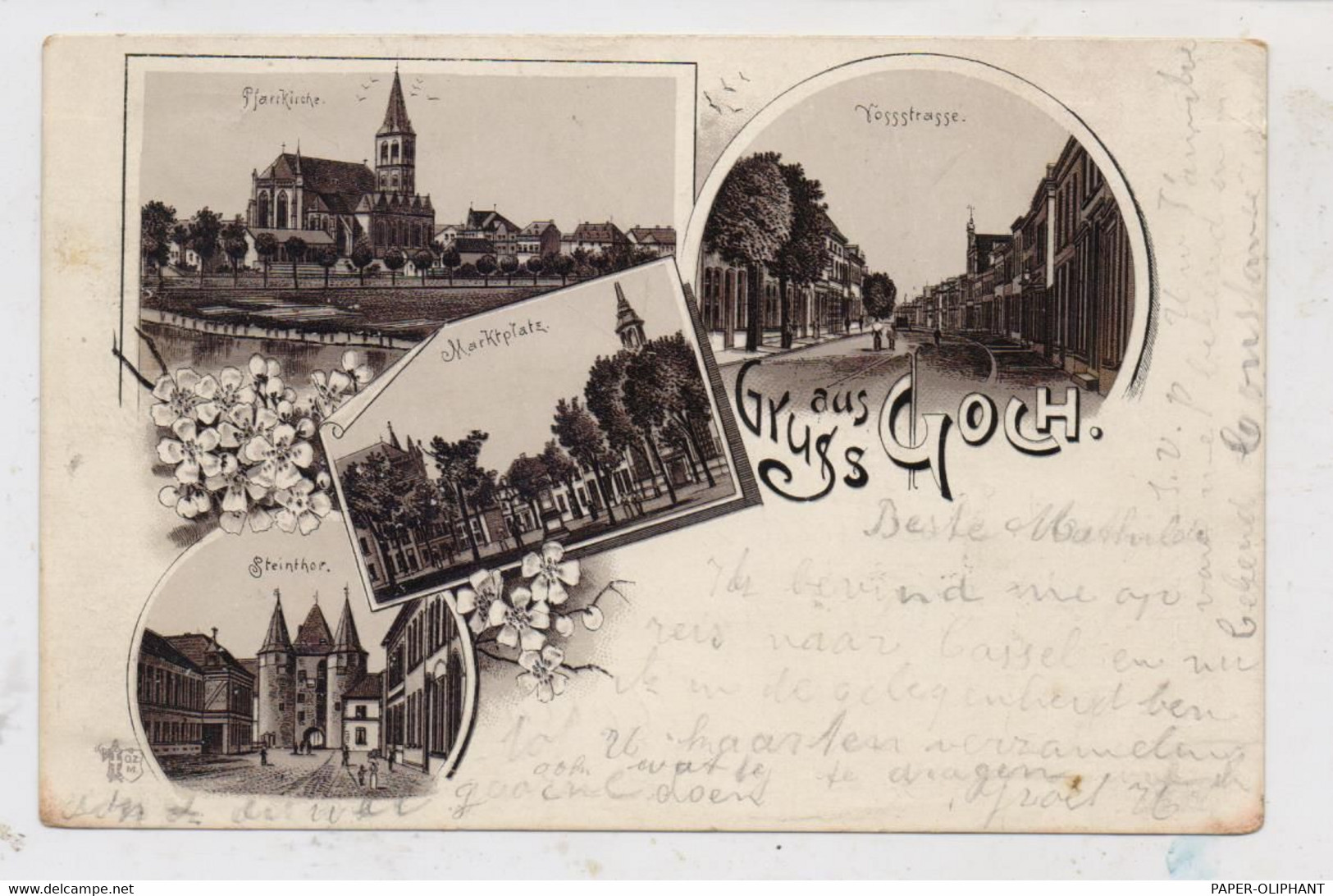 4180 GOCH, Lithographie 1898, Vossstrasse, Marktplatz, Pfarrkirche, Steinthor - Goch