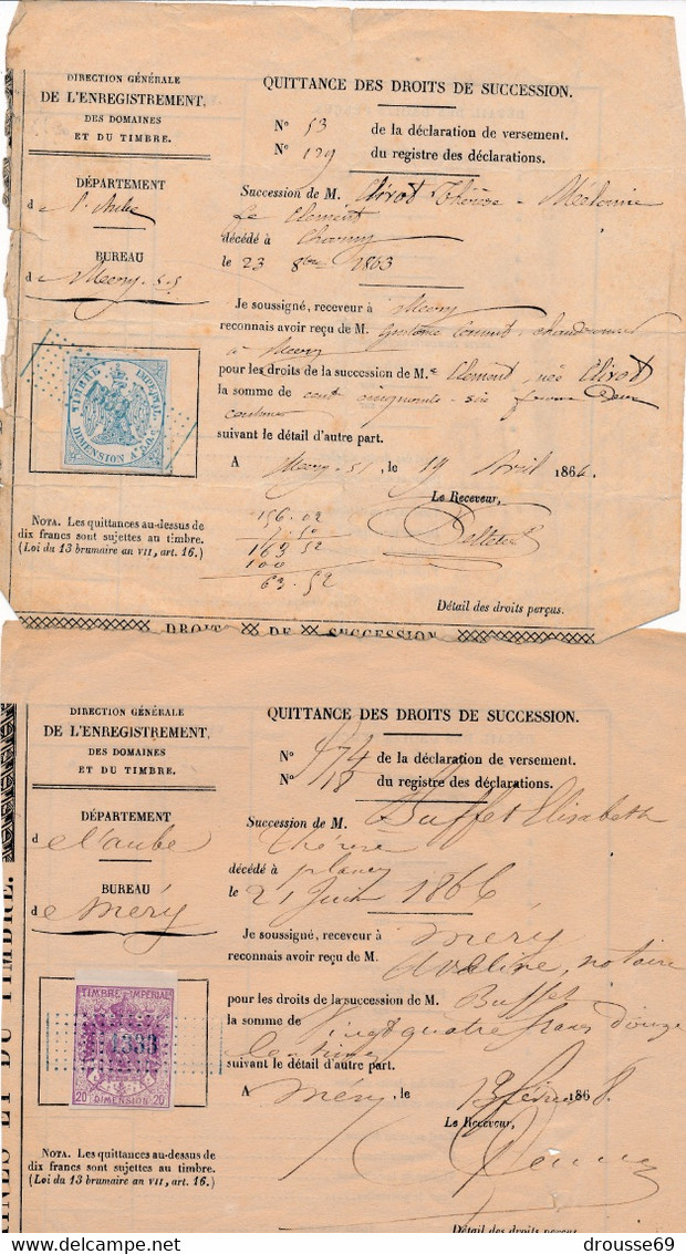 1863/66 Timbre Fiscal X 2 (20 C, 50 C) Sur Quittance. - Otros & Sin Clasificación