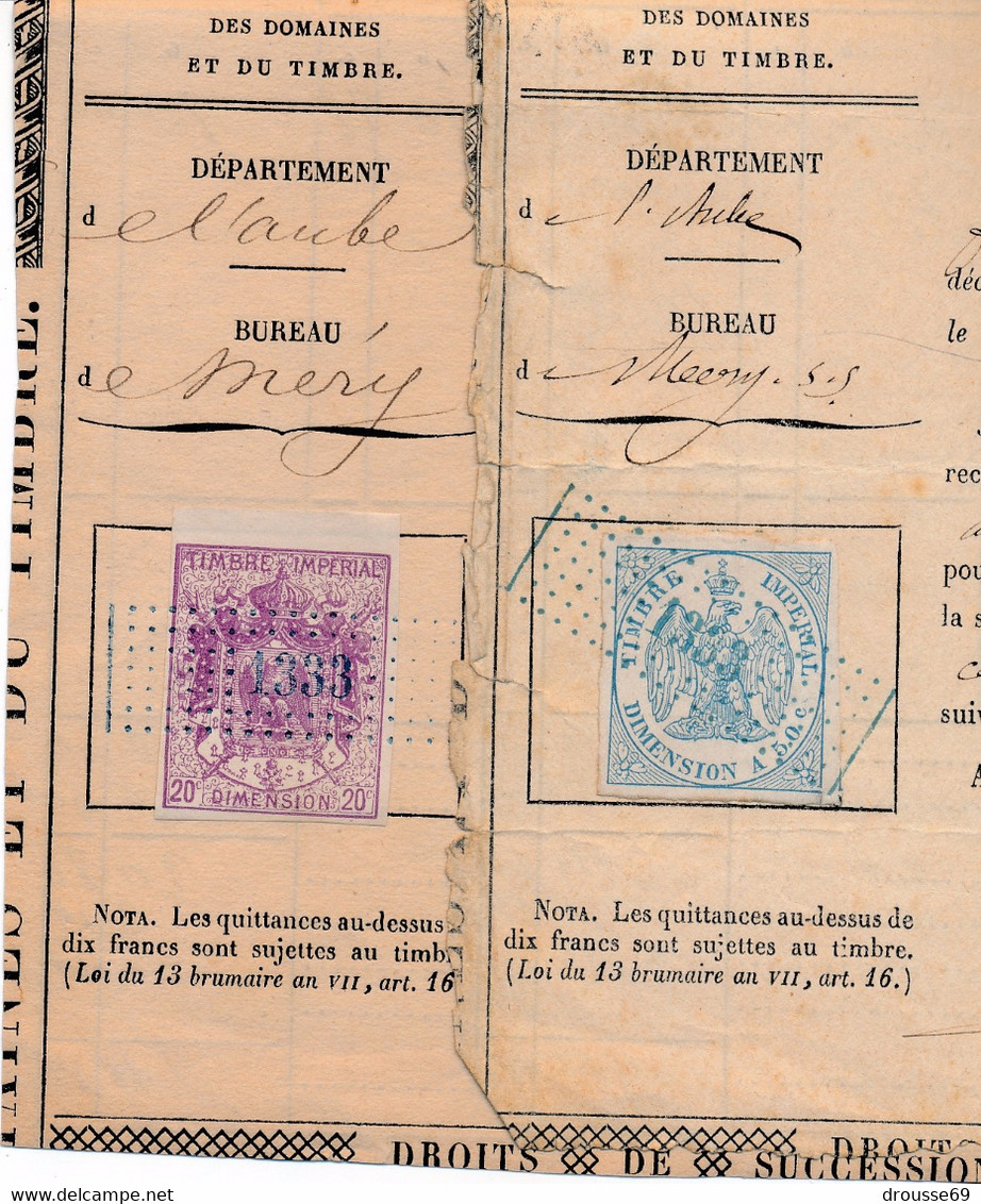 1863/66 Timbre Fiscal X 2 (20 C, 50 C) Sur Quittance. - Otros & Sin Clasificación