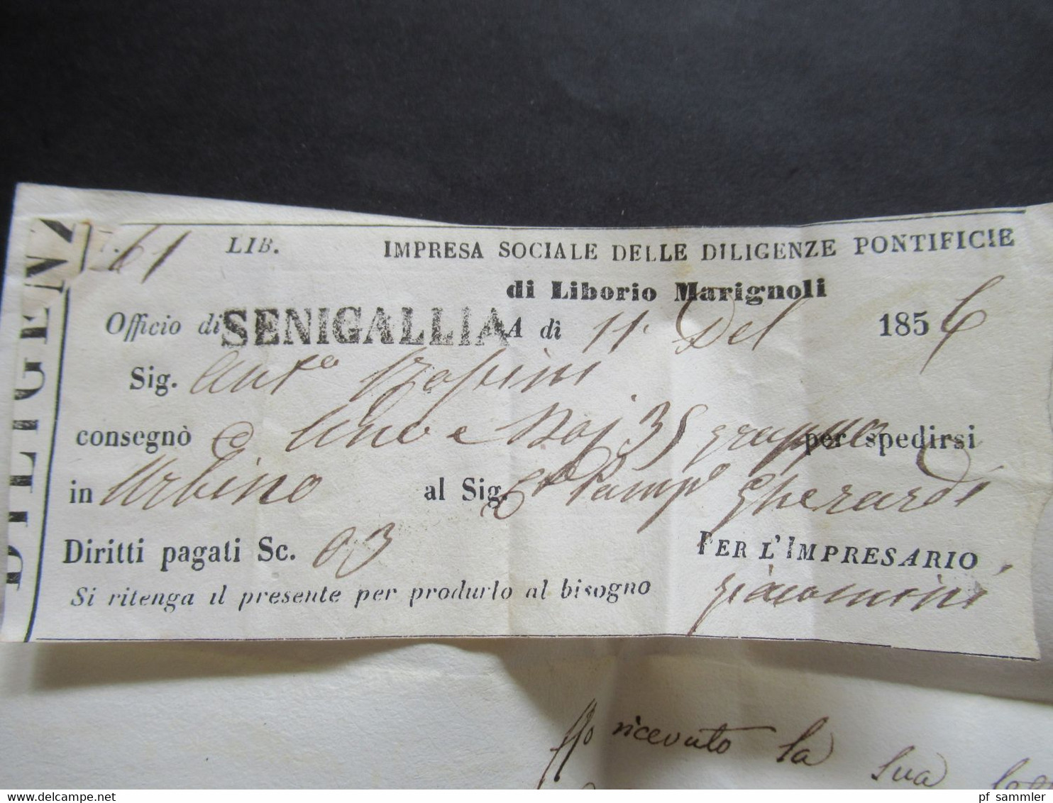 Italien 1856 L1 Pesaro Postkutsche / impresa sociale delle diligenze pontificie di Liborio Marignoli Stempel Senigallia