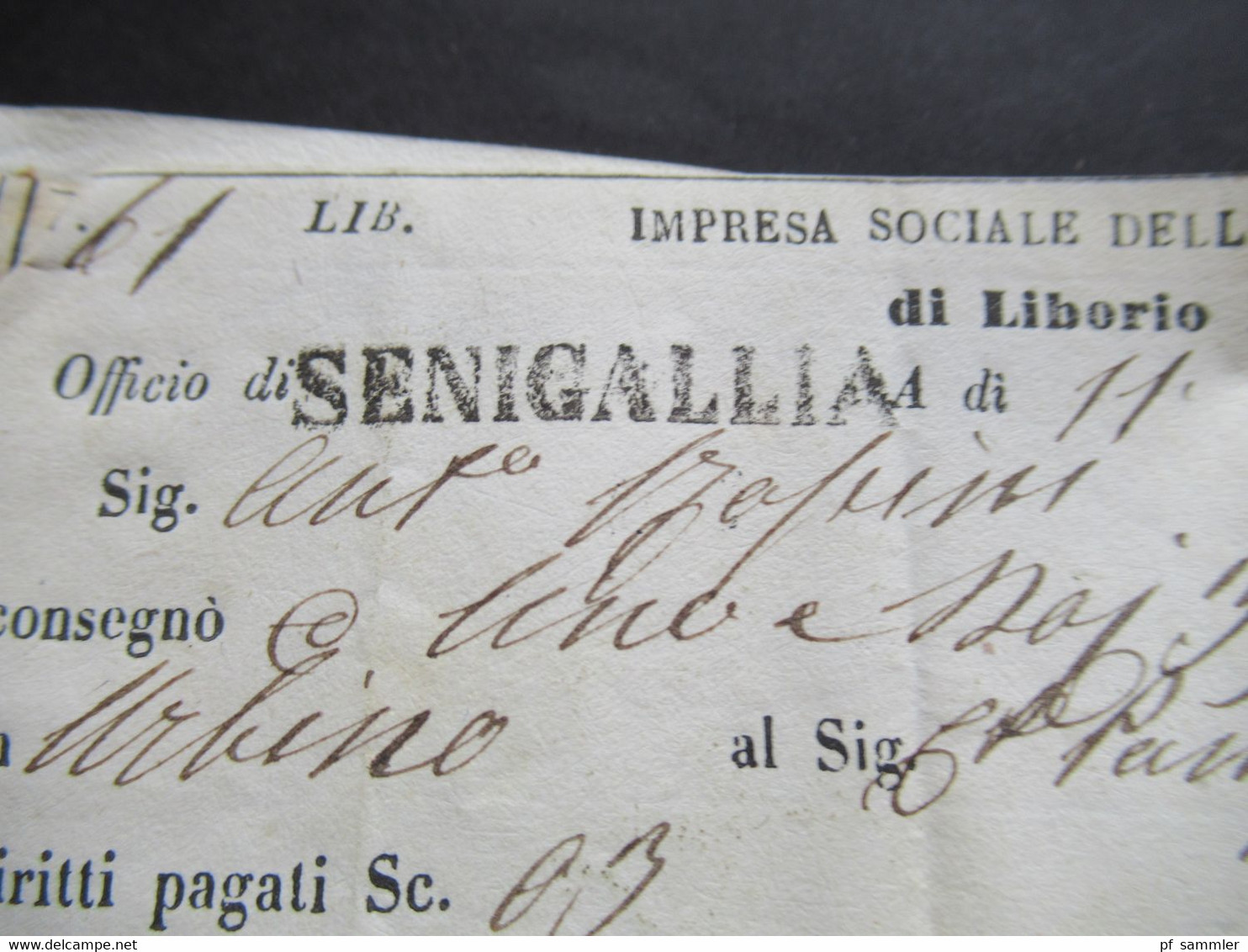 Italien 1856 L1 Pesaro Postkutsche / impresa sociale delle diligenze pontificie di Liborio Marignoli Stempel Senigallia