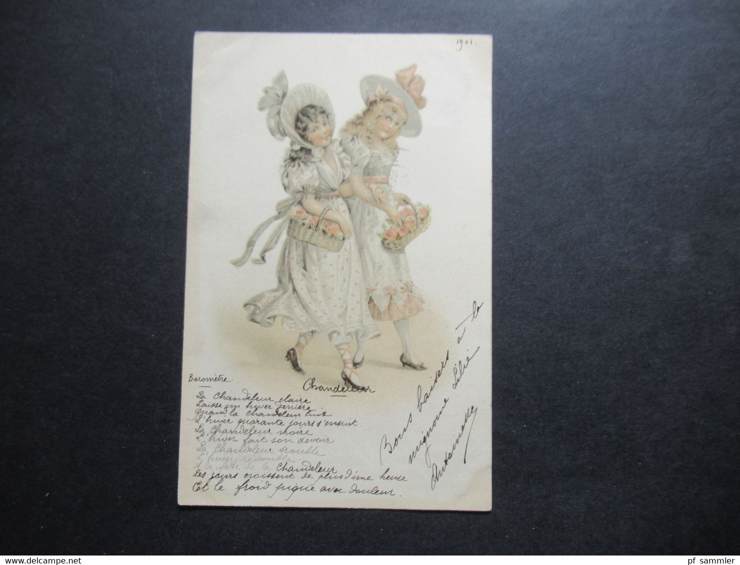 Litho Frankreich 1901 2 Damen / Junge Frauen Im Kleid Mit Blumenkorb Chandeleur Stempel Angers Maine Et Loire - People