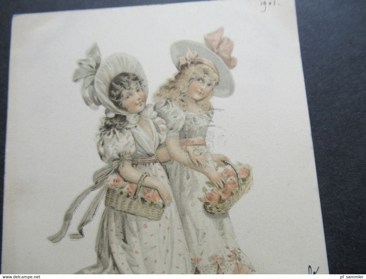 Litho Frankreich 1901 2 Damen / Junge Frauen Im Kleid Mit Blumenkorb Chandeleur Stempel Angers Maine Et Loire - Personajes