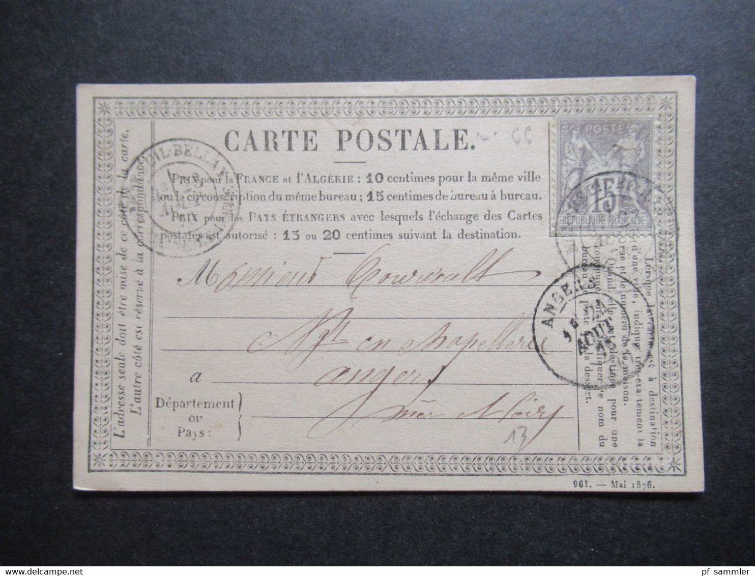 Frankreich 1875 Sage Type I Nr.61 I Auf Carte Postale Nach Angers - 1876-1878 Sage (Type I)