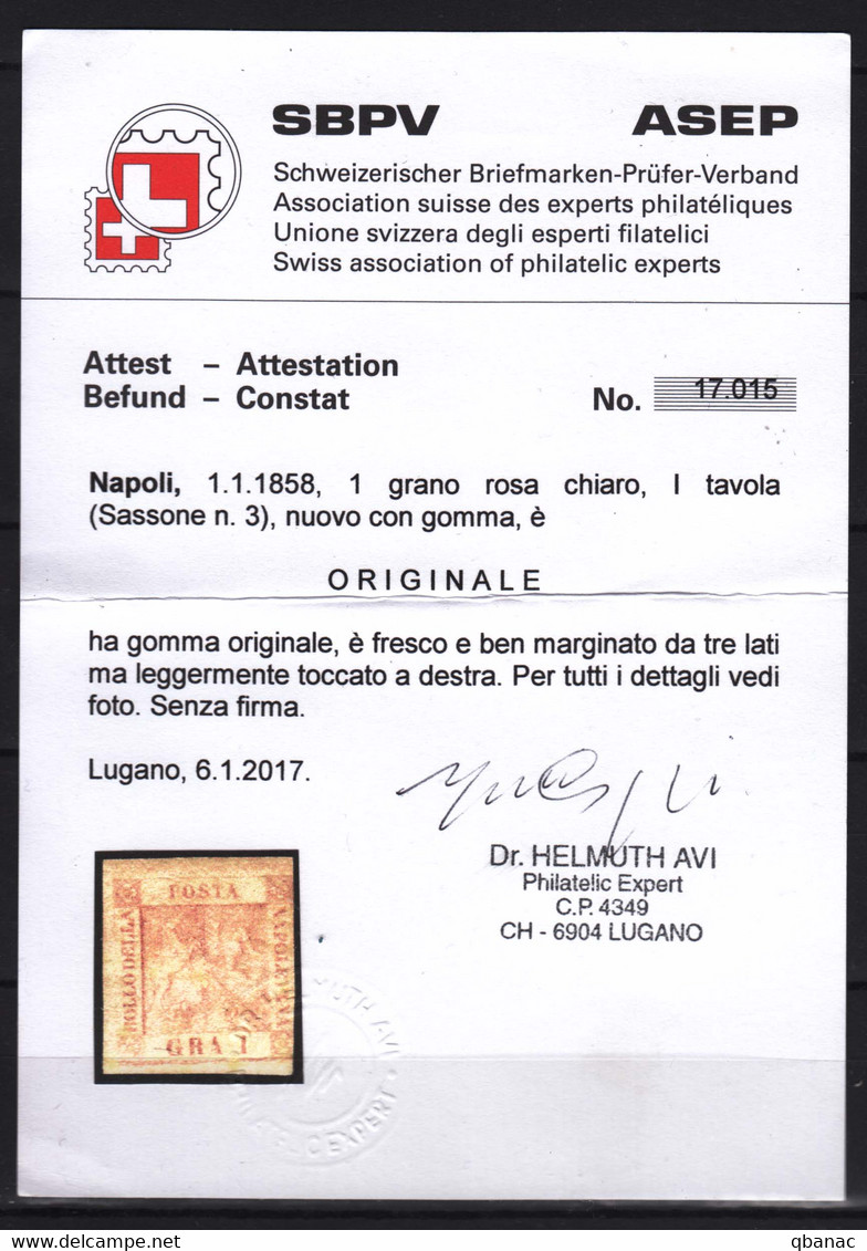 Italy Stato Napoli Naples 1858 Sassone#3 Mi#2 Original Gum, Certificate - Napoli