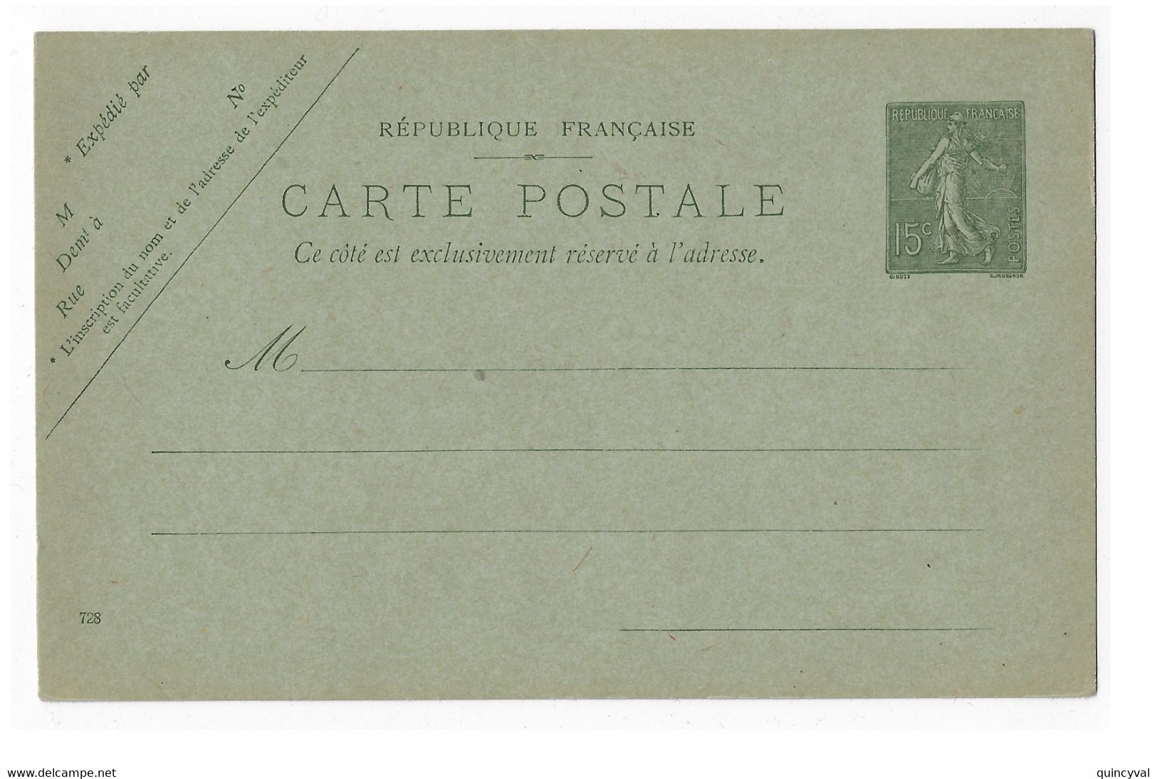 Carte Postale Entier 15c Semeuse Mill 728 Storch B1 Yv 130-CP1 - Cartes Postales Types Et TSC (avant 1995)