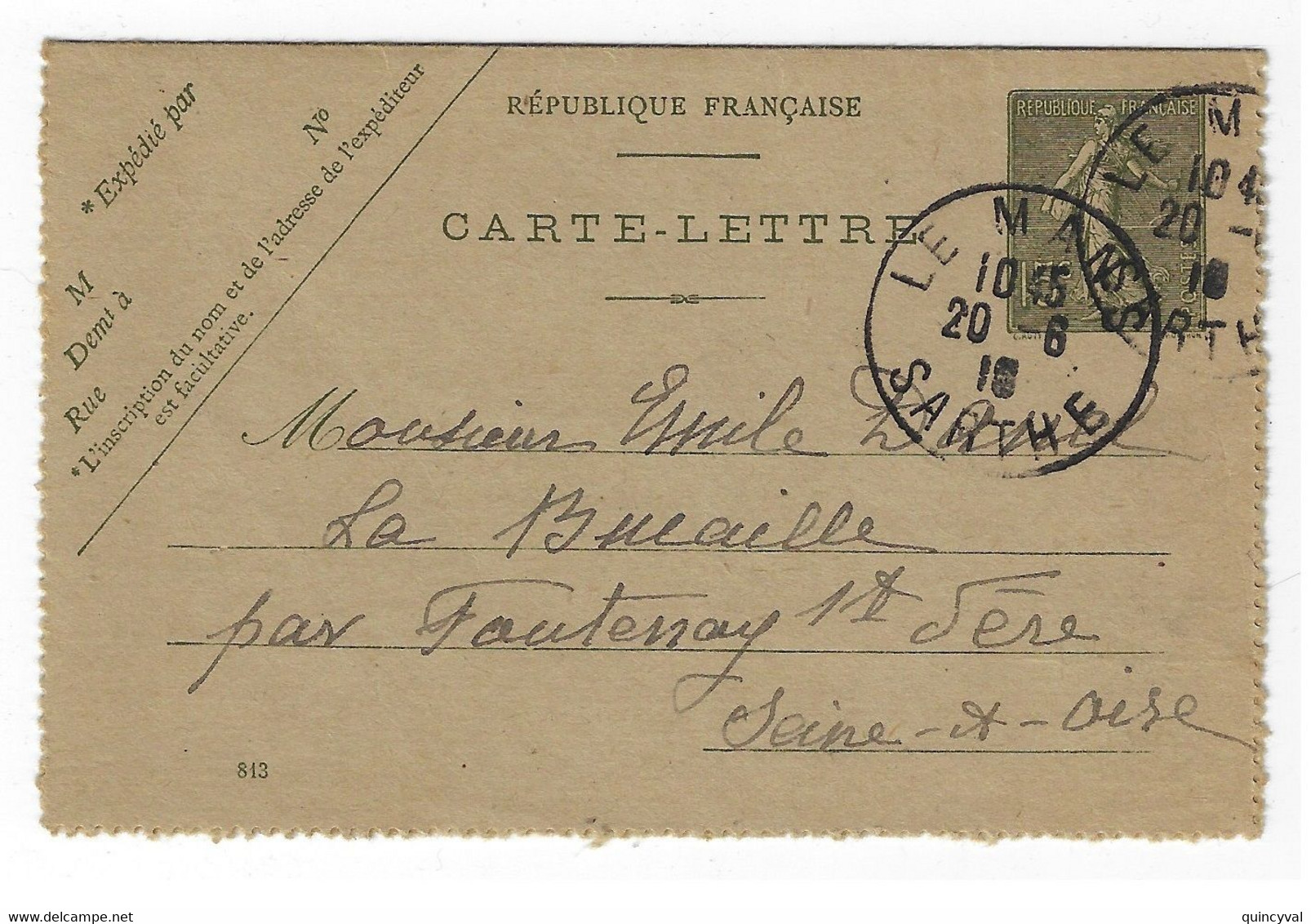 LE MANS Sarthe Carte Lettre Entier 15c Semeuse Lignée Mill 813 Carton Chamois Type 4 Yv 130-CL6 Storch B6 - Kaartbrieven