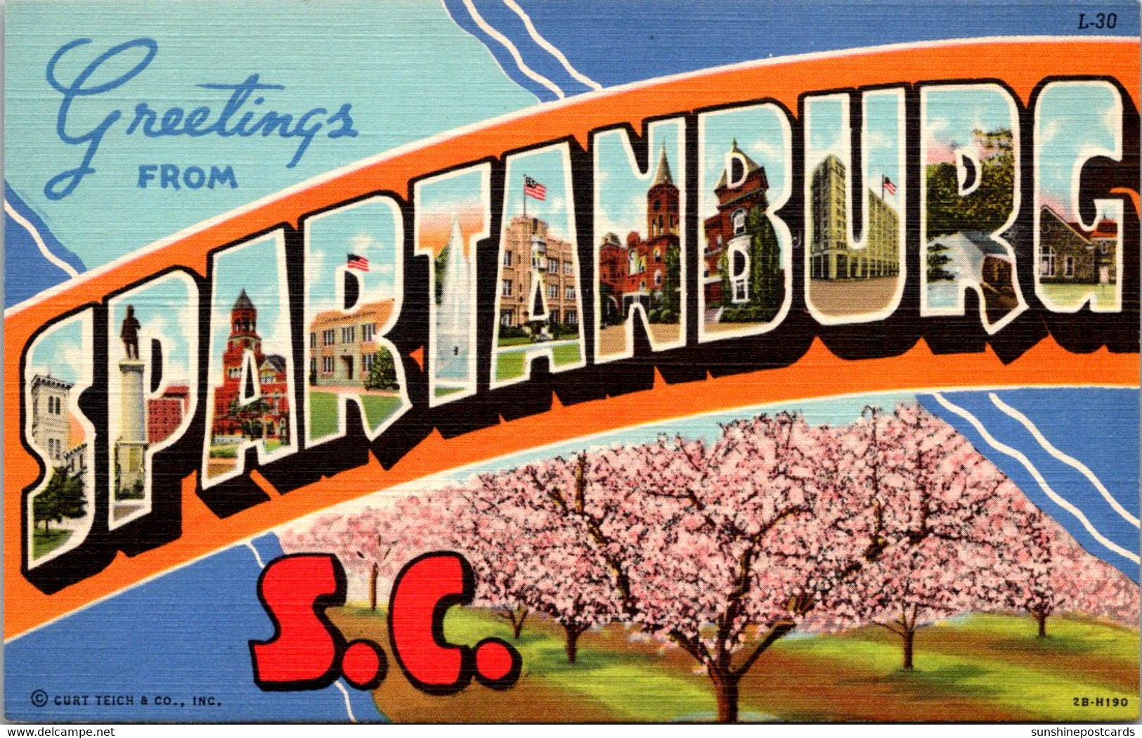 South Carolina Spartanburg Greetings Large Letter Linen Curteich - Spartanburg