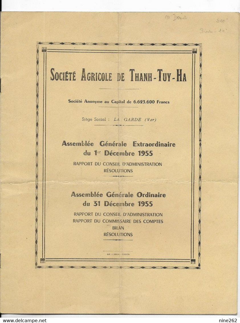 VAR..LA GARDE ..SOCIETE AGRICOLE DE THANH-TUY-HA......ASSEMBLE GENERALE 1955....4 PAGES INTERIEUR - Unclassified