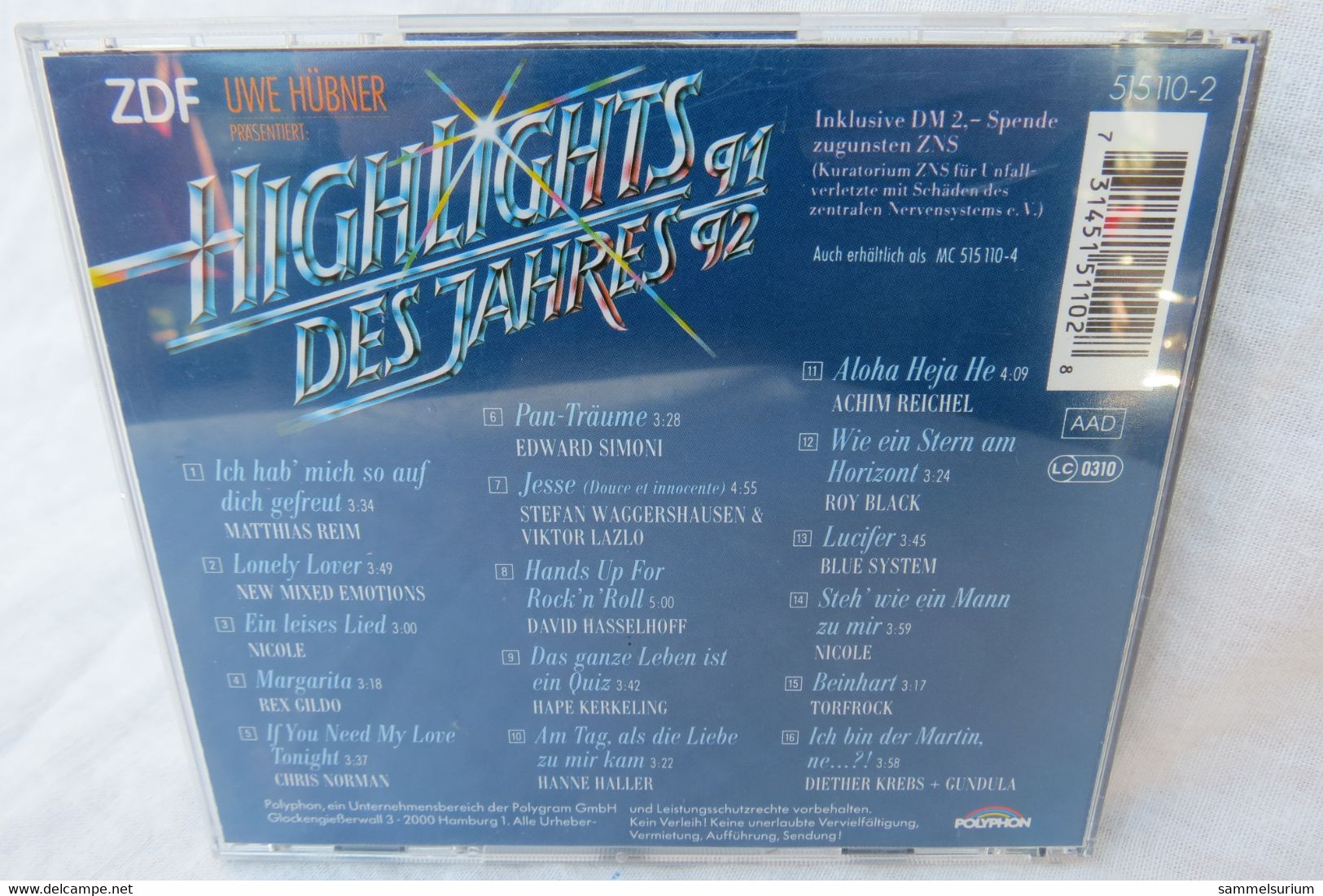 CD "Die Highlights Des Jahres 91/92" Uwe Hübner Präsentiert Aus Der Hitparade Im ZDF - Compilaties