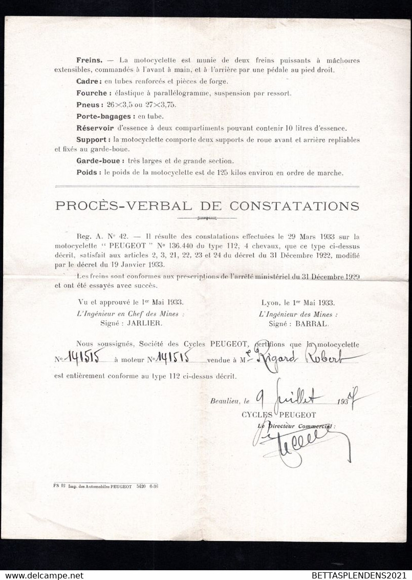 BEAULIEU VALENTIGNEY (Doubs) - Notice De La Motocyclette Peugeot Type 112 - Cycles PEUGEOT - 1937 - Unclassified