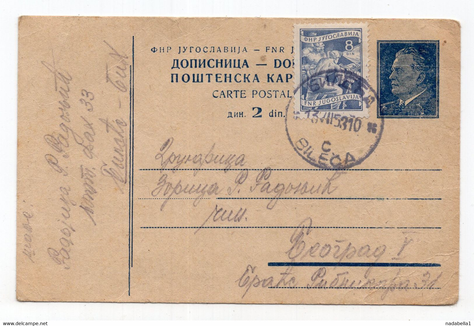 1953. YUGOSLAVIA,BIH,BILECA,STATIONERY CARD,USED,POLITICAL PRISONER MAIL THROUGH P.O. BOX 33,''GOLI OTOK'',VERY RARE - Postal Stationery