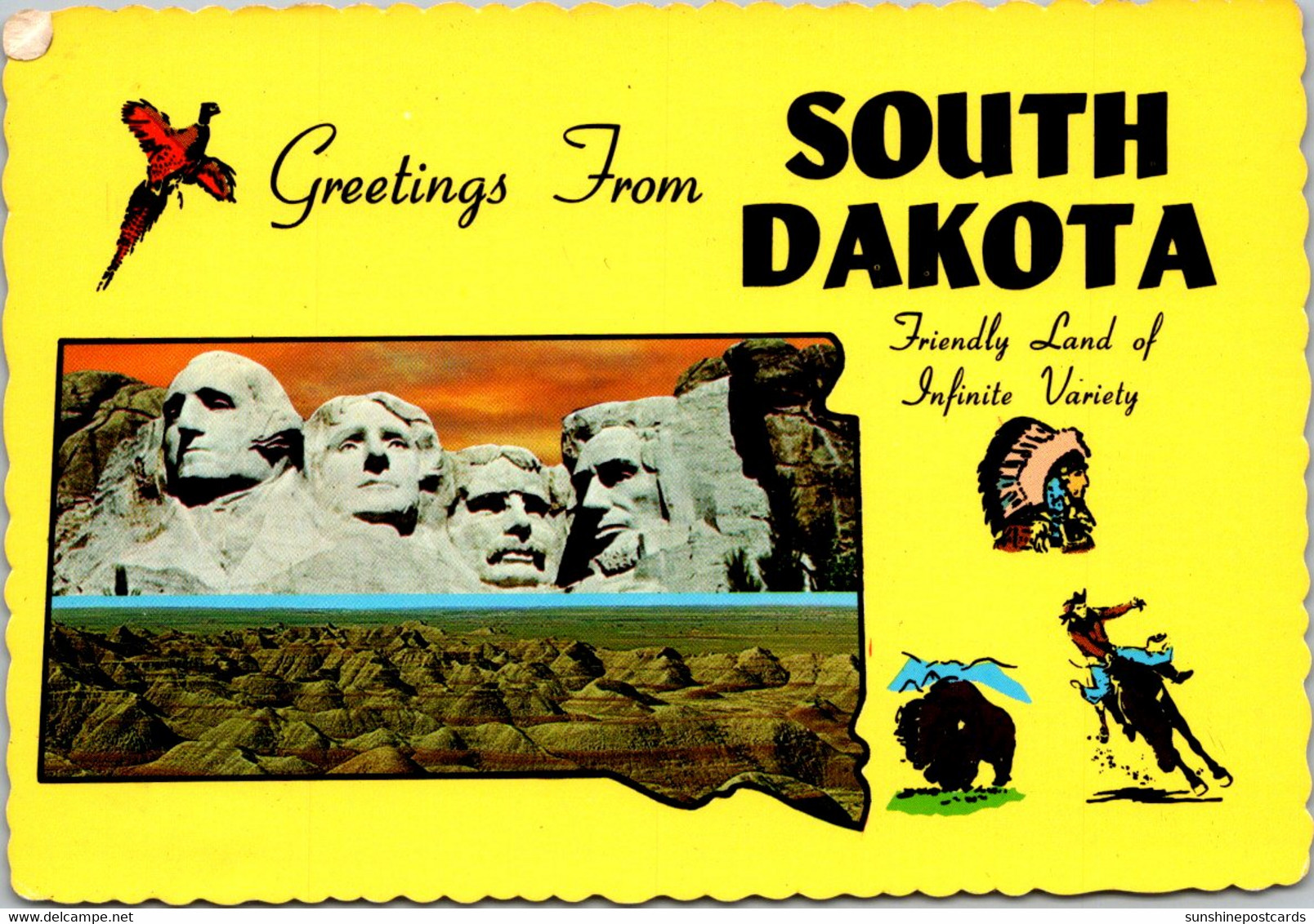 South Dakota Greetings Showing Sunset On Mount Rushmore & Badlands National Monument - Mount Rushmore