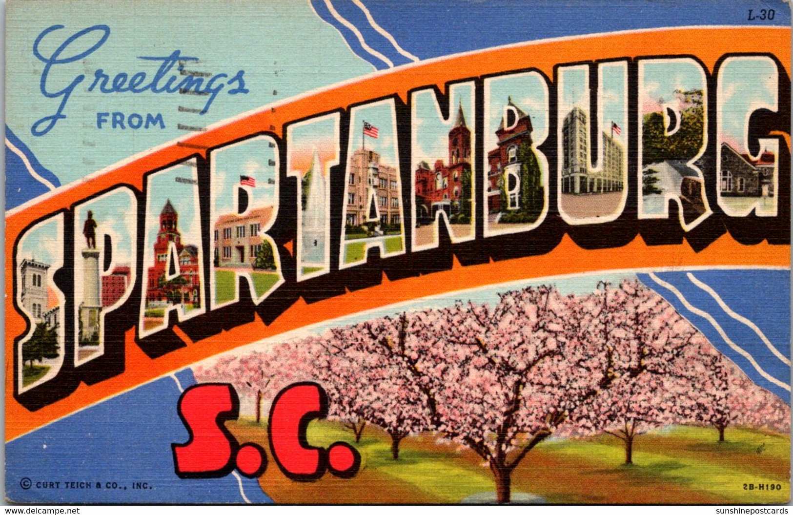 South Carolina Spartanburg Greetings Large Letter Linen 1943 Curteich - Spartanburg