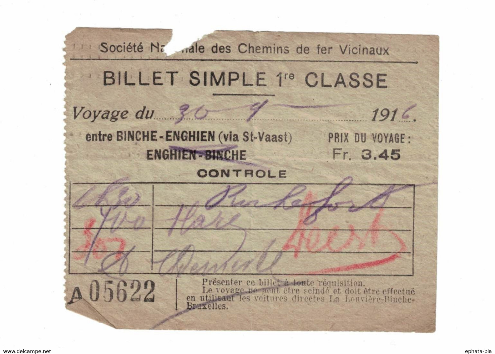 Tram  Billet Simple 1er Classe Binche - Enghien Via St-Vaast. Voyage Du 30/09/1916 - Europa