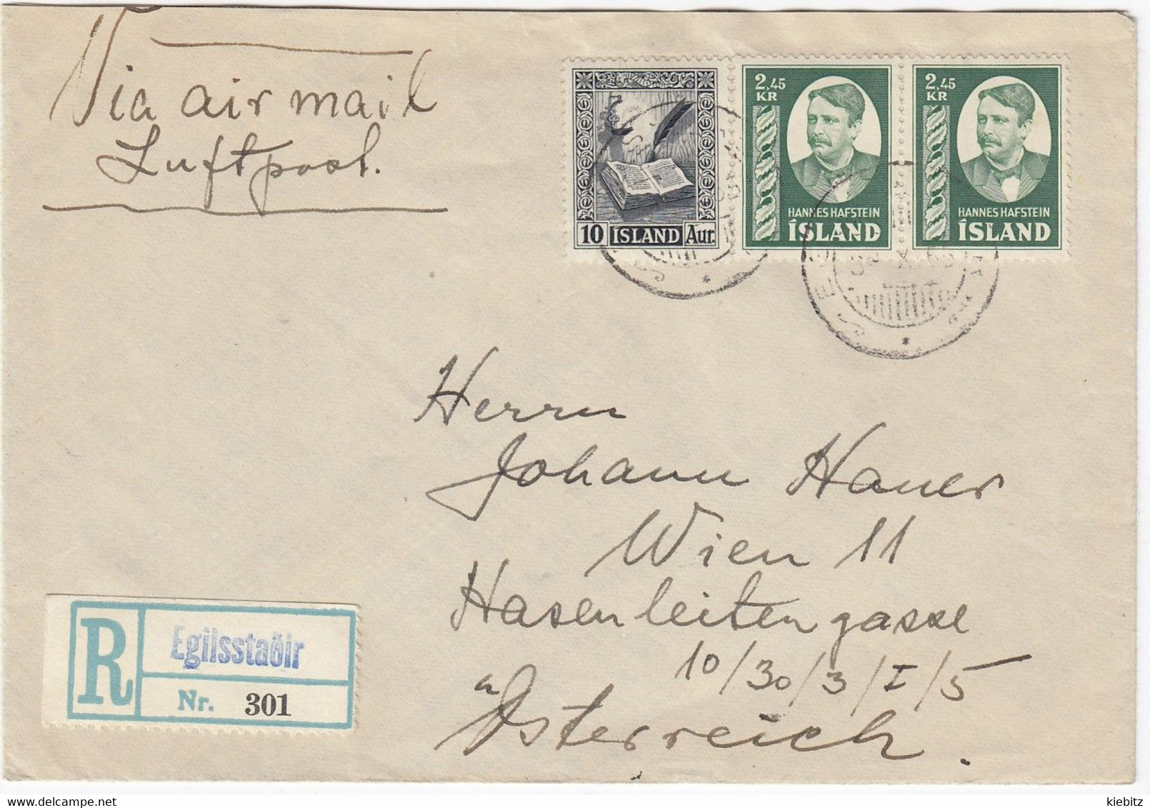 ISLAND 1953 - R-Brief Mit MiNr: 287+2x 294 Dichter Hafstein - Briefe U. Dokumente