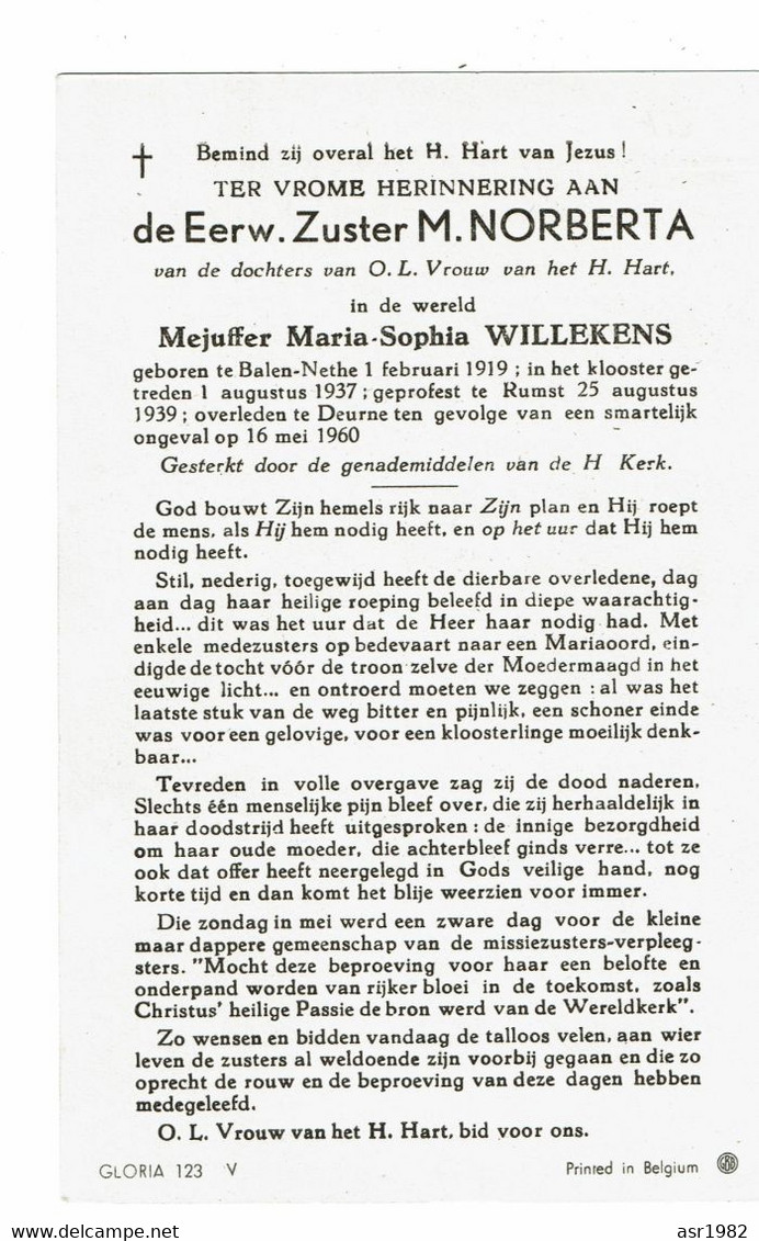 Doodsprentje Zuster M. Norberta ( Maria-Sophia Willekens ) : Balen-Nete - Rumst - Deurne . 1960 . - Religione & Esoterismo