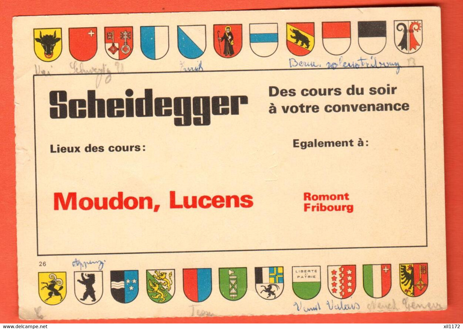 ZMN-15  Carte De Scheidegger Cours Du Soir à Moudon, Lucens, Romont, Fribourg. Armoiries Des Cantons  NC GF - Lucens