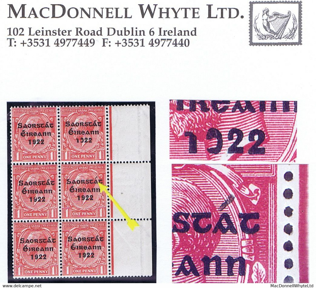 Ireland 1922-23 Thom Saorstat 1d Var. "Accent Inserted By Hand" R15/12 In A Marginal Block Of 6 Mint Unmounted - Neufs