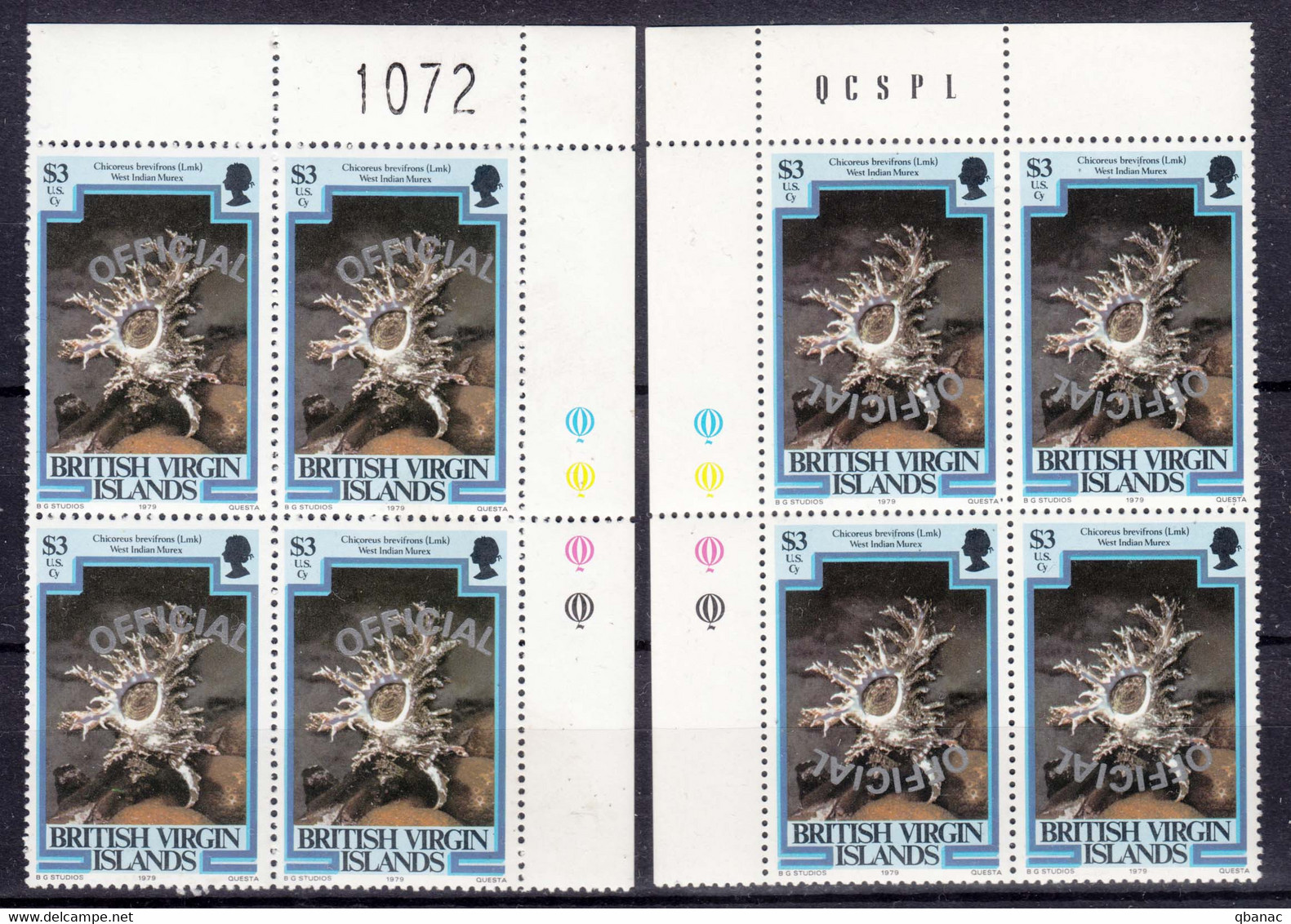 British Virgin Islands 1985 Official Mi#14 Normal And Error - Inverted Overprint Pieces Of 4, Mint Never Hinged - British Virgin Islands