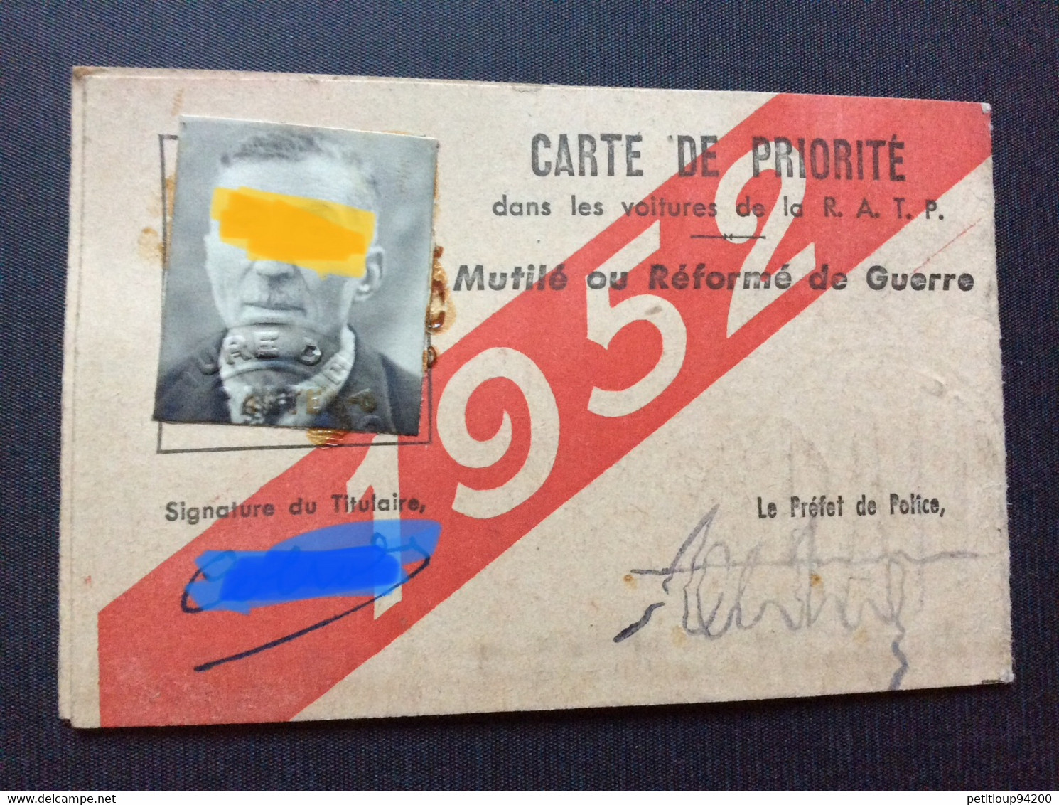 MUTILE OU REFORME DE GUERRE  Carte De Priorité  VOITURES R.A.T.P.  Annee 1952 - Documents