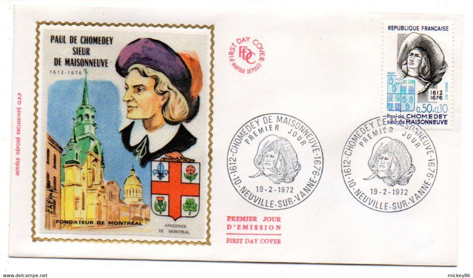 FDC Soie - 1972 --Personnages Célèbres Paul De Chomedey (Montréal) ..cachet  NEUVILLE SUR VANNE-10.......à Saisir - 1970-1979